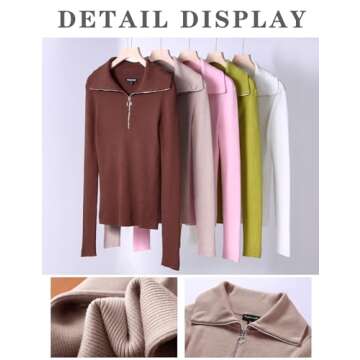 Prettywear Women Sweaters 2024 Fall Half Zip Pullover Long Sleeve Collared Fitted Shirts Business Casual Work Knit Top(Coffee,XL)
