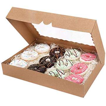 Tcoivs 20-Pack 16" x 11" x 2.5" Bakery Boxes with Window Hold 12 Donuts, Auto-Popup Large Cookie Boxes for Pies, Cakes, Muffins, and Pastries (Brown)