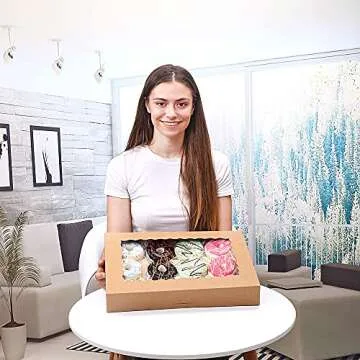 Tcoivs 20-Pack 16" x 11" x 2.5" Bakery Boxes with Window Hold 12 Donuts, Auto-Popup Large Cookie Boxes for Pies, Cakes, Muffins, and Pastries (Brown)