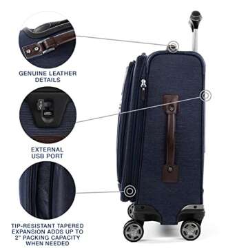 Travelpro Platinum Elite Softside Expandable Carry on Luggage, 8 Wheel Spinner Suitcase, USB Port, Laptop and Tablet Sleeves, Men and Women, True Navy Blue, Carry On 20-Inch