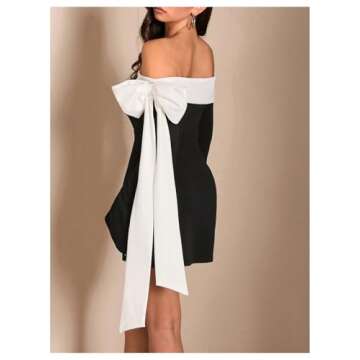 MakeMeChic Women's Off The Shoulder Bell Sleeve Mini Dress Bowknot Cocktail Party Bodycon Dresses Bl...