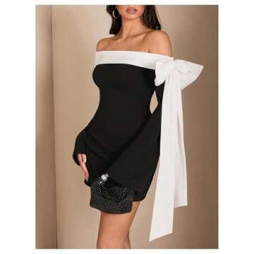 MakeMeChic Women's Off The Shoulder Bell Sleeve Mini Dress Bowknot Cocktail Party Bodycon Dresses Black and White X-Small