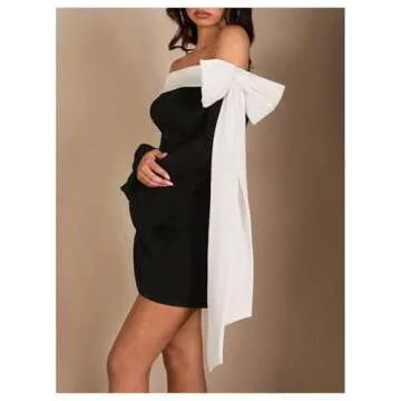 MakeMeChic Women's Off The Shoulder Bell Sleeve Mini Dress Bowknot Cocktail Party Bodycon Dresses Black and White X-Small