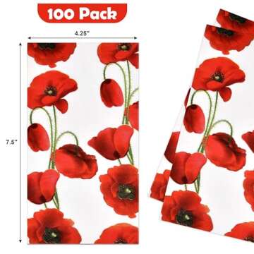 Gift Boutique 100 Poppy Floral Guest Napkins 3 Ply Decorative Hand Napkin Red Poppies Flowers Dispos...