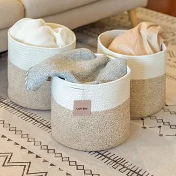 voten Cube Storage Baksets Bins 11x11’’ Fit 12x12’’ Organizer Bookcases Shelving,Stylish&Durable Woven Cotton Basket Containers for Organizing 3-Pack Beige