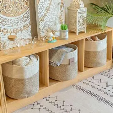 voten Cube Storage Baksets Bins 11x11’’ Fit 12x12’’ Organizer Bookcases Shelving,Stylish&Durable Woven Cotton Basket Containers for Organizing 3-Pack Beige