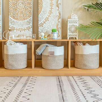 voten Cube Storage Baksets Bins 11x11’’ Fit 12x12’’ Organizer Bookcases Shelving,Stylish&Durable Woven Cotton Basket Containers for Organizing 3-Pack Beige