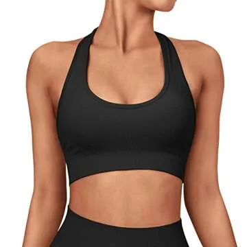 SUUKSESS Women Seamless Halter Sports Bra Open Back Padded Workout Crop Tank Tops (Black, S)