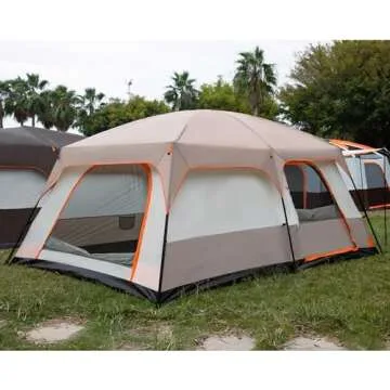 KTT Extra Large Tent 12 Person,Family Cabin Tents,2 Rooms,3 Doors and 3 Windows with Mesh,Straight Wall,Waterproof,Double Layer,Big Tent for Outdoor,Picnic,Camping,Family Gathering(Light Brown)