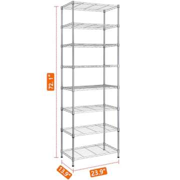 REGILLER 8-Wire Shelving Metal Storage Rack Adjustable Shelves,Standing Storage Shelf Units for Laundry Bathroom Kitchen Pantry Closet(Silver,13.9" D x 23.9" W x 72.1" H)