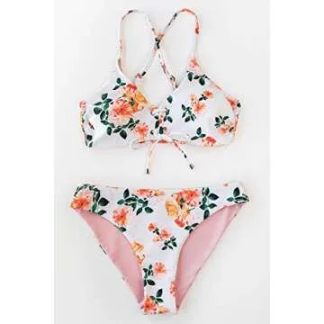 CUPSHE Women's Bikini Set Reversible Lace Up Floral Striped Two Piece Bathing Suit, XXL