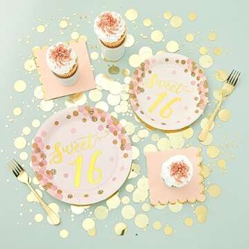 Sparkle and Bash BLUE PANDA Rose Gold and Pink Sweet 16 Birthday Plates - 48 Pack for 16th Birthday ...