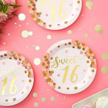 Sparkle and Bash BLUE PANDA Rose Gold and Pink Sweet 16 Birthday Plates - 48 Pack for 16th Birthday Party Decorations - 9 Inch Paper Plates