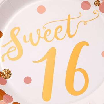 Sparkle and Bash BLUE PANDA Rose Gold and Pink Sweet 16 Birthday Plates - 48 Pack for 16th Birthday Party Decorations - 9 Inch Paper Plates