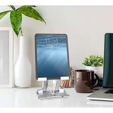 KABCON Quality Tablet Stand,Adjustable Foldable Eye-Level Aluminum Solid Up to 15-in Tablets Holder for Microsoft Surface Series Tablets,iPad Series,Samsung Galaxy Tabs,Amazon Kindle Fire,Etc.Silver