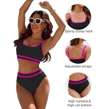BMJL Women's High Waisted Bikini Sets Sporty Two Piece Swimsuit Color Block Cheeky High Cut Bathing Suits(L,Black Pink)
