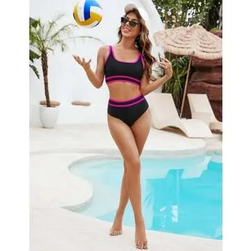 BMJL Women's High Waisted Bikini Sets Sporty Two Piece Swimsuit Color Block Cheeky High Cut Bathing Suits(L,Black Pink)