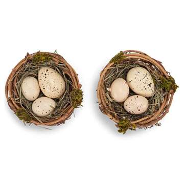 RAZ Imports Faux Bird's Nests with Speckled Eggs, Decorative Easter Accent, Spring Decoration, Box Set of 2, Brown, Green, Tan, Yellow, Beige, 3''Diax2''H