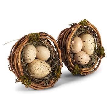 RAZ Imports Faux Bird's Nests with Speckled Eggs, Decorative Easter Accent, Spring Decoration, Box Set of 2, Brown, Green, Tan, Yellow, Beige, 3''Diax2''H