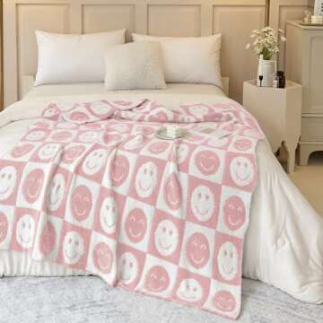 Ultra Soft Happy Smiling Face Checkered Knitted Baby Blanket - Cozy Microfiber Double Sided Blanket ...