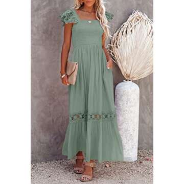 Ferlema Womens Summer Boho Spaghetti Strap Square Neck Solid Color Crochet Hem Ruffle A Line Beach Long Maxi Dress Green Medium