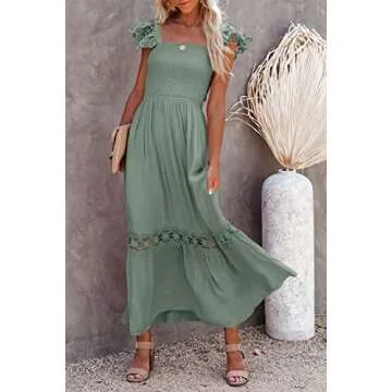 Ferlema Womens Summer Boho Spaghetti Strap Square Neck Solid Color Crochet Hem Ruffle A Line Beach Long Maxi Dress Green Medium