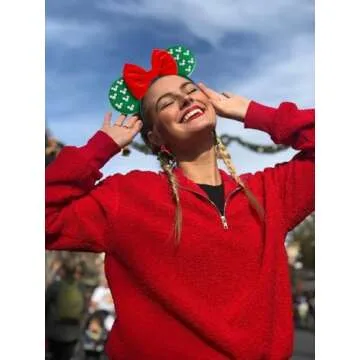 WOVOWOVO Christmas Mouse Ears Headbands for Women Red Bow Pearl Hairbands Green Velvet Headband Hair Accessories