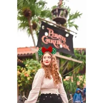 WOVOWOVO Christmas Mouse Ears Headbands for Women Red Bow Pearl Hairbands Green Velvet Headband Hair Accessories