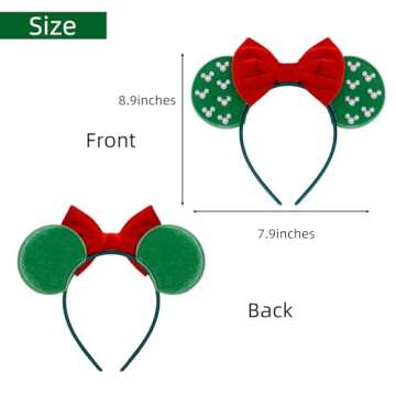 WOVOWOVO Christmas Mouse Ears Headbands for Women Red Bow Pearl Hairbands Green Velvet Headband Hair Accessories