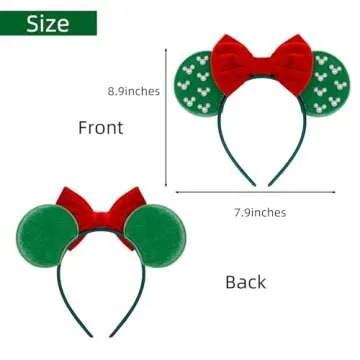 WOVOWOVO Christmas Mouse Ears Headbands for Women Red Bow Pearl Hairbands Green Velvet Headband Hair Accessories