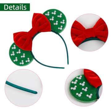 WOVOWOVO Christmas Mouse Ears Headbands for Women Red Bow Pearl Hairbands Green Velvet Headband Hair Accessories