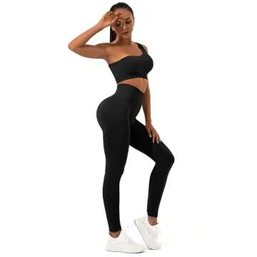 Sportneer Workout Sets for Women 2 Piece, Ribbed Seamless Cute One Shoulder Sports Bra and High Waisted Leggings Matching Gym Yoga Set Outfits Work Out Set Black L