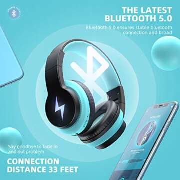 Bluetooth Headphones for Kids, Wireless/Wired Headphones Light Up, Bluetooth Headset with Noise Canceling Microphone, 85/ 94dB Volume Control Headset, Foldable Stereo Headset for Home School