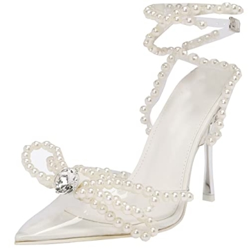 YIYA Women's Elegant Pointed Toe Pearl Heels - Clear Ankle Strap Sandals