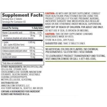 Amazon Elements Lysine Complex with Vitamin C for Immune Health Support, Vegetarian, 65 Servings, 19...