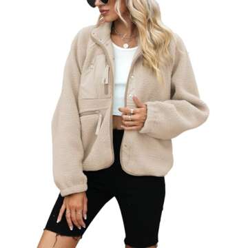 Yanekop Womens Fleece Jacket Fuzzy Long Sleeve Short Coats Button Down Sherpa Outerwear with Pockets(A Apricot,L)