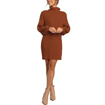 LOGENE Women's Sweater Dress Turtleneck Long Balloon Sleeve Ribbed Knit Oversized Pullover Dresses (Caramel, S) 240-jiaotang-S