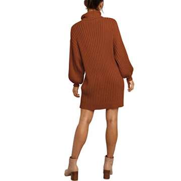 LOGENE Women's Sweater Dress Turtleneck Long Balloon Sleeve Ribbed Knit Oversized Pullover Dresses (Caramel, S) 240-jiaotang-S