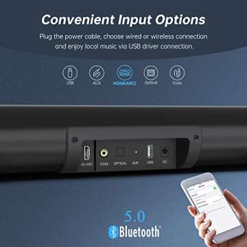 BESTISAN Sound Bar, 80 watts 33.5 inch Sound Bars for TV with Bluetooth 5.0, 3 EQs, Bass Adjustable, HDMI-ARC/Optical/Coaxial/Aux/USB Connection for Home Theater, Gaming, PC, Projectors, 2024 Version
