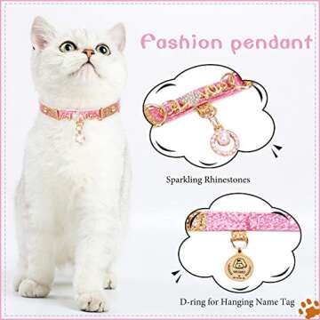 PetsHome Cat Collar, Dog Collar, [Bling Rhinestones][Sparkling Leather] Adjustable Cute Pet Collar with Pearl Pendant for Cat and Small Dog Small Pink