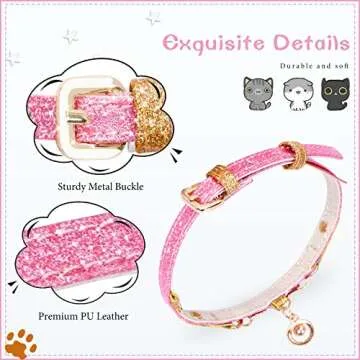 PetsHome Cat Collar, Dog Collar, [Bling Rhinestones][Sparkling Leather] Adjustable Cute Pet Collar with Pearl Pendant for Cat and Small Dog Small Pink