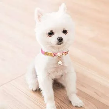 PetsHome Cat Collar, Dog Collar, [Bling Rhinestones][Sparkling Leather] Adjustable Cute Pet Collar with Pearl Pendant for Cat and Small Dog Small Pink