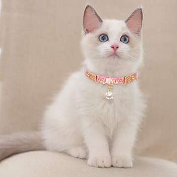 PetsHome Cat Collar, Dog Collar, [Bling Rhinestones][Sparkling Leather] Adjustable Cute Pet Collar with Pearl Pendant for Cat and Small Dog Small Pink
