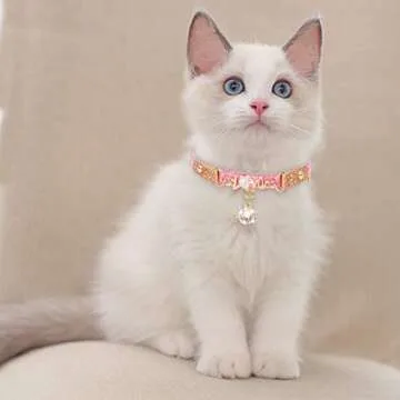 PetsHome Cat Collar, Dog Collar, [Bling Rhinestones][Sparkling Leather] Adjustable Cute Pet Collar with Pearl Pendant for Cat and Small Dog Small Pink