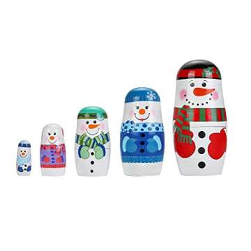 Yoption 5Pcs Russian Matryoshka Dolls Handmade Wooden Snowman Nesting Dolls Set for Kids Christmas B...