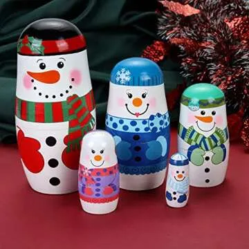 Yoption 5Pcs Russian Wooden Snowman Nesting Dolls Set