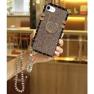 Babemall Compatible for iPhone 7 Plus /8 Plus Case, Elegant Premium Bling Protective with Shock Absorption with Strap Back Cover with Crystal Strap (Gold)
