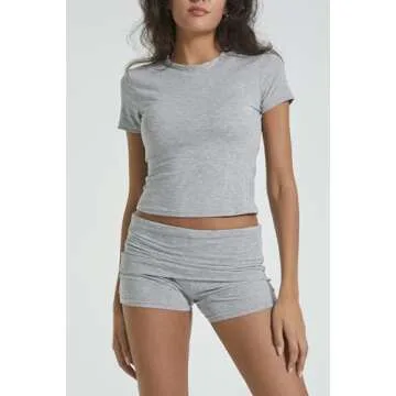 YETOWA Women's Casual Workout Two Piece Outfits Slim Short Sleeve Low Waist Foldover Shorts Tracksuit Sets Streetwear