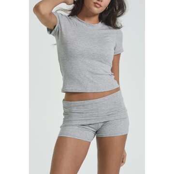 YETOWA Women's Casual Workout Two Piece Outfits Slim Short Sleeve Low Waist Foldover Shorts Tracksuit Sets Streetwear