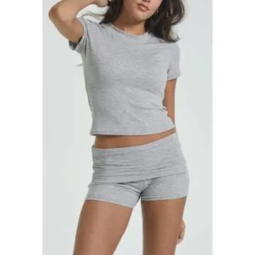 YETOWA Women's Casual Workout Two Piece Outfits Slim Short Sleeve Low Waist Foldover Shorts Tracksuit Sets Streetwear